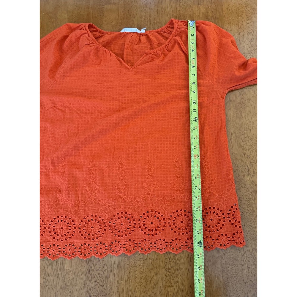 Soft Surroundings Women's Orange Eyelet Cotton Top Split Neck Long Sleeve Sz PXL - Picture 8 of 9